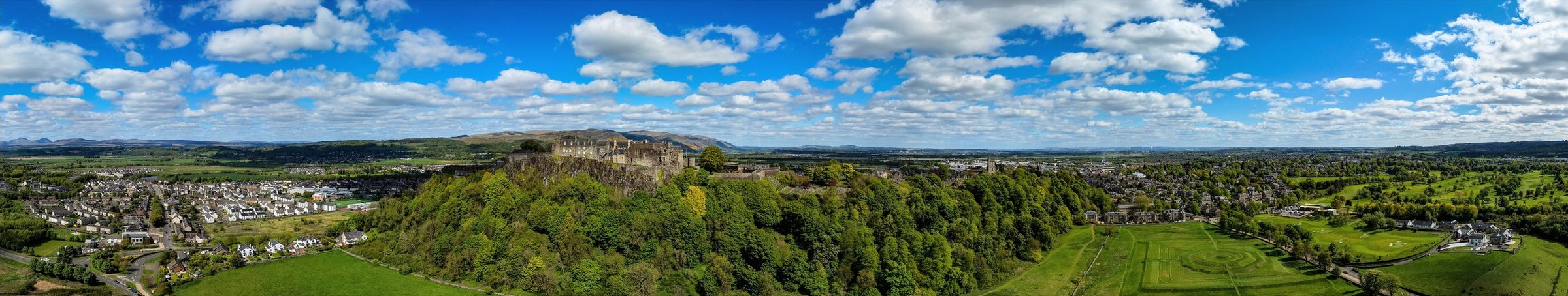 Panoramic aerial of Stirling Castle and the carse in early summer